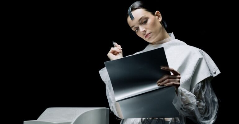 Professional reviewing data with advanced technology