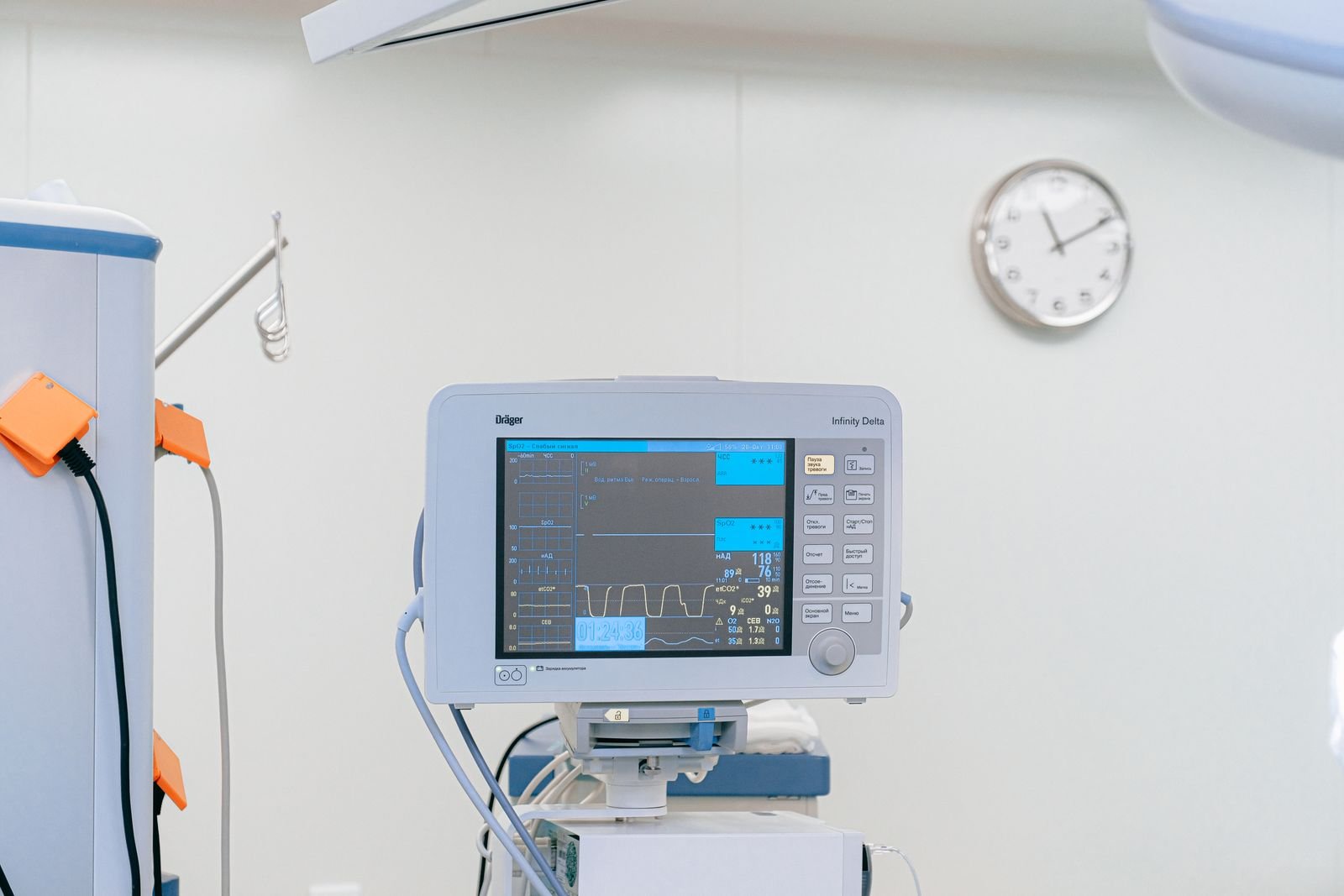 Patient monitor beside a hospital bed
